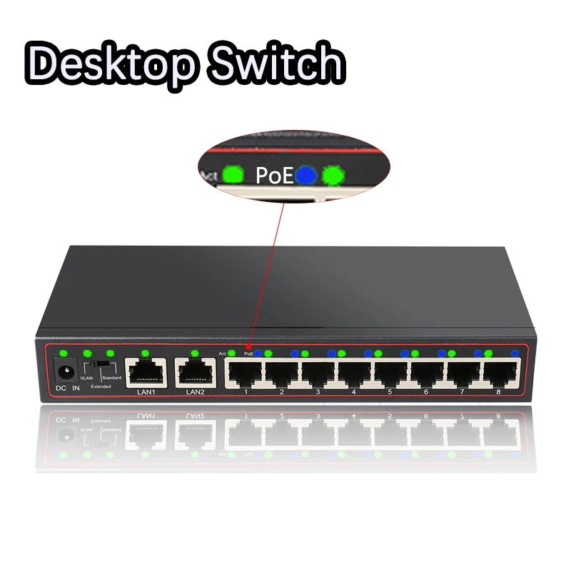 

52V Switch ethernet switch poe 8 Port 10/100Mbps PoE+2 Port Uplink Ethernet Desktops RJ45 interface IEEE 802.3af/at poe switcher