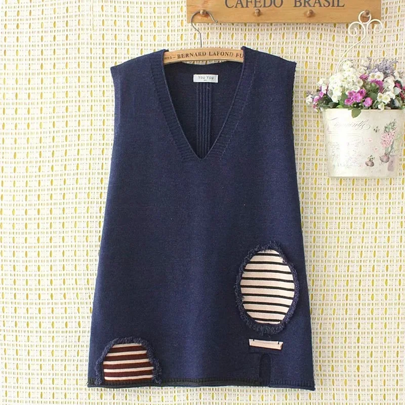 Vintage Oversized Knitted Sweater Vests Women Spring Autumn Casual V Neck Frayed Patchwork Loose Pullovers Female Outwear Tops 
Vintage Oversized Knitted Sweater Vests Women Spring Autumn Casual V Neck Frayed Patchwork Loose Pullovers Female Outwear Tops