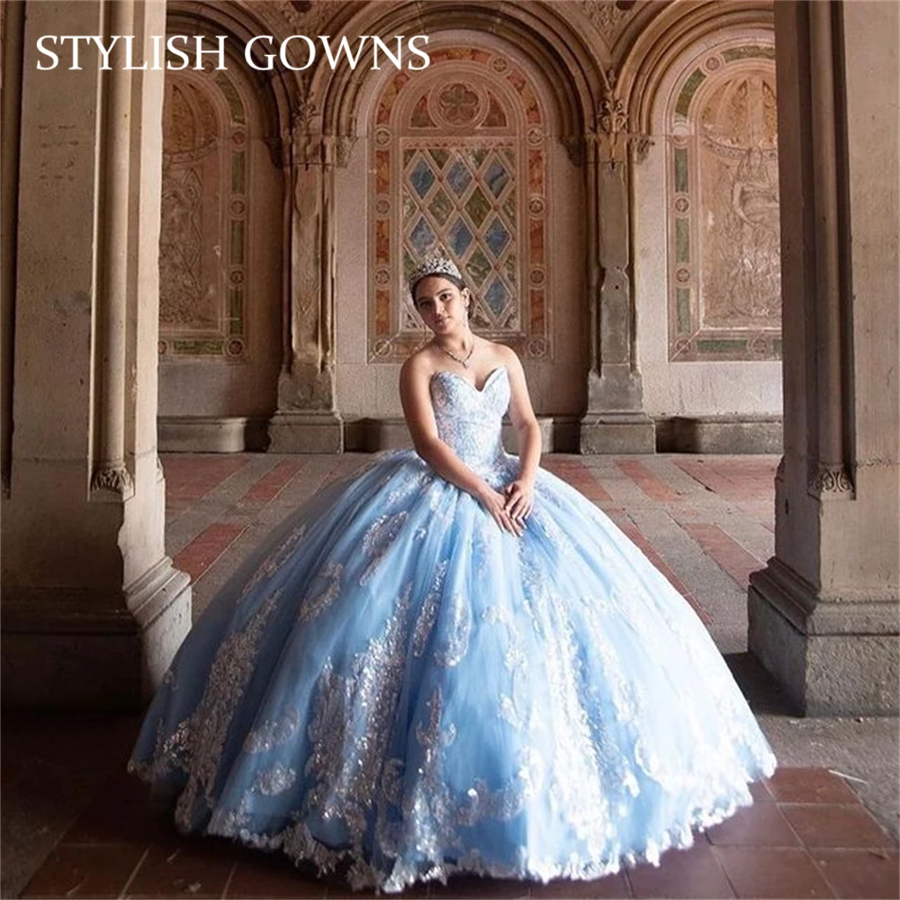 Sky Blue Strapless Sweetheart Ball Gown Quinceanera Dresses 15 Party Formal Applique Handmade Flower Princess Birthday Gowns
Sky Blue Strapless Sweetheart Ball Gown Quinceanera Dresses 15 Party Formal Applique Handmade Flower Princess Birthday Gowns