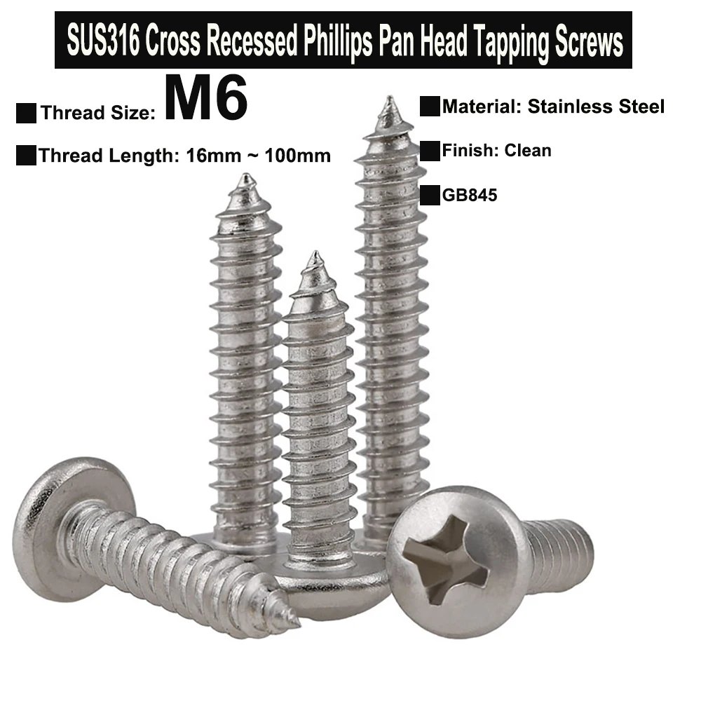 

10Pcs/5Pcs M6x16mm~100mm SUS316 Stainless Steel Cross Recessed Phillips Pan Head Self-Tapping Screws Wood Screws GB845