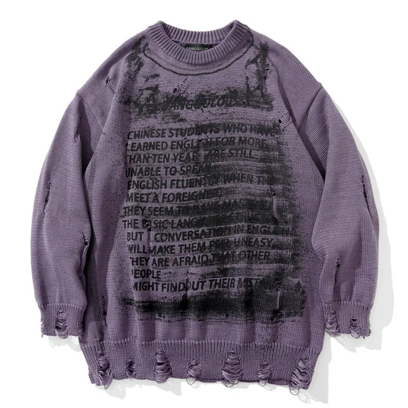 

Hip Hop Streetwear Sweater Men Damage Hole Vintage Washed Oversized Knitted Pullover Jumper Fashion Punk Gothic Harajuku Sweater