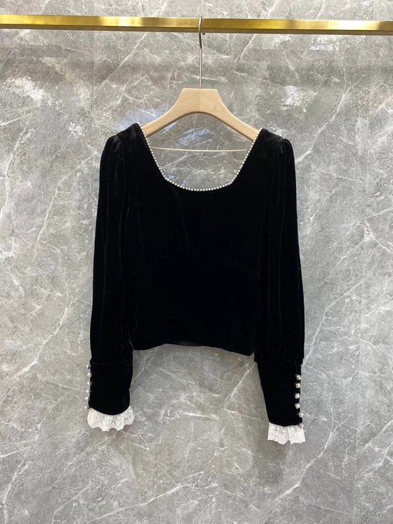 2021 new women fashion back halter exquisite pearl trim silk velvet long-sleeved all-match blouse 1009
2021 new women fashion back halter exquisite pearl trim silk velvet long-sleeved all-match blouse 1009