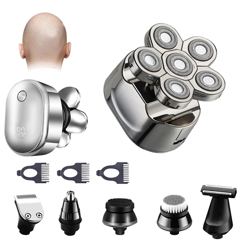 

6 in1 Bald Head Shaver Five Floating Heads Razors Hair Clipper Nose Ear Trimmer Men Facial Cleaning Brush LED Display Shavers