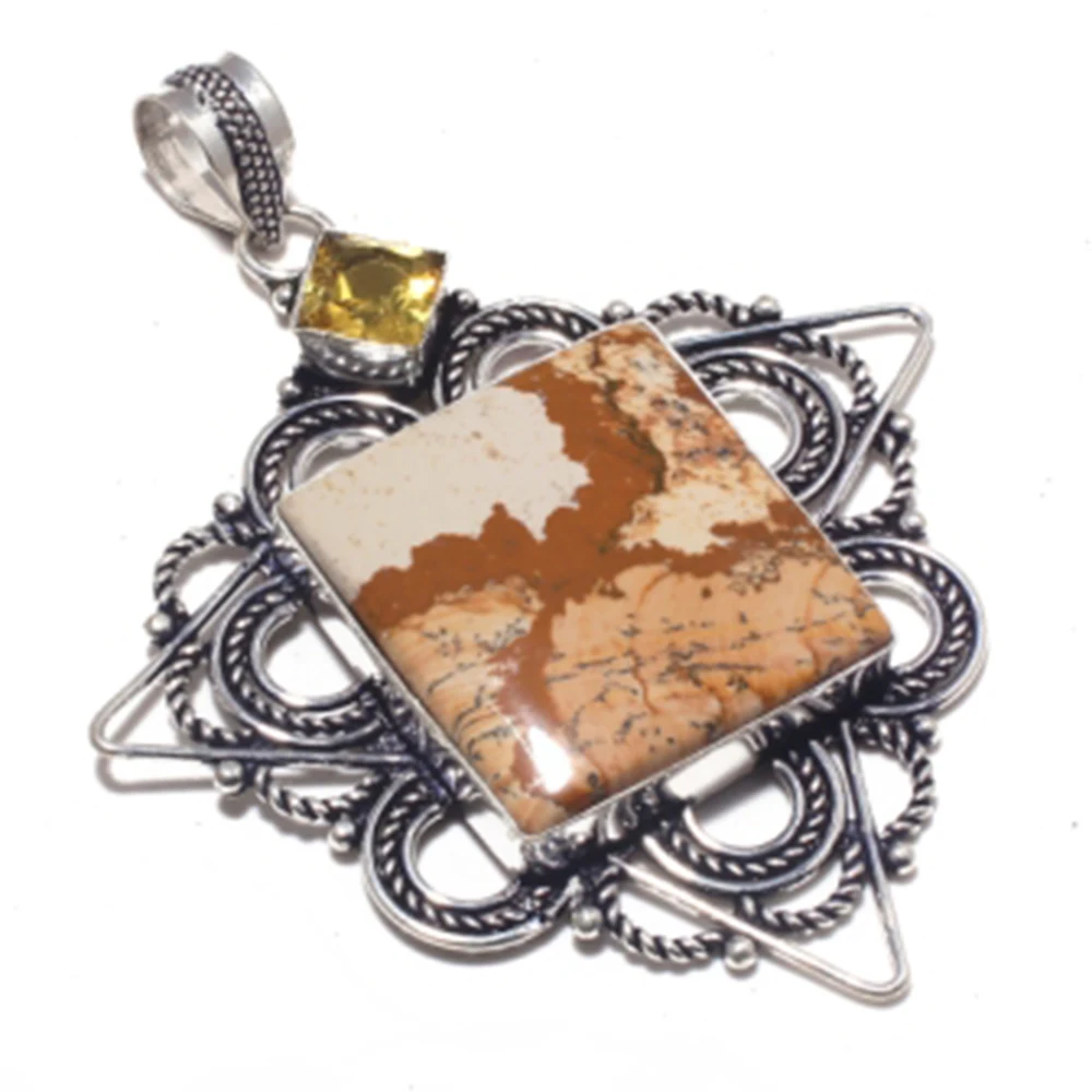 Genuine Picture Jasper + Citrine Pendant Silver Overlay over Copper Jewelry , Hand made Women Jewelry gift ,P8703
Genuine Picture Jasper + Citrine Pendant Silver Overlay over Copper Jewelry , Hand made Women Jewelry gift ,P8703