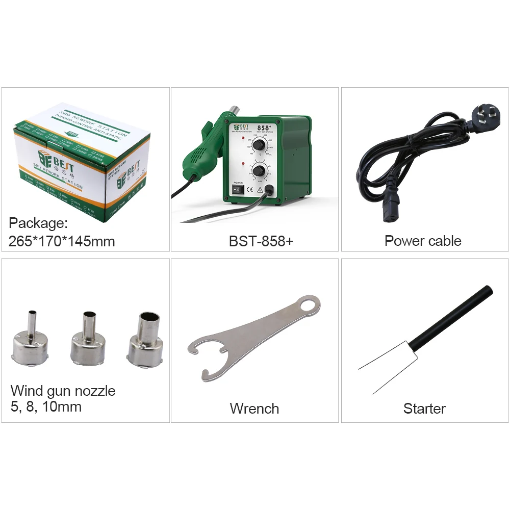 BST-858+ Soldering Desoldering Station Hot Air Gun SMD Rework Station With 3pcs Nozzles
BST-858+ Soldering Desoldering Station Hot Air Gun SMD Rework Station With 3pcs Nozzles