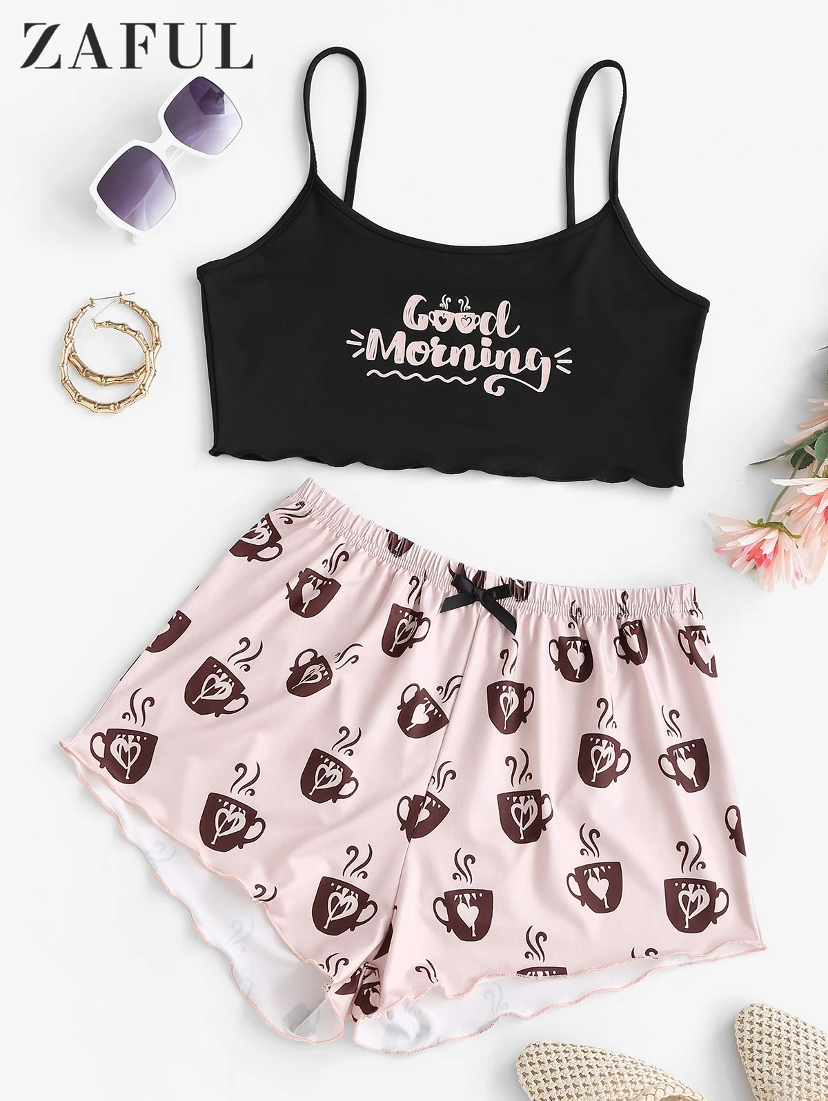 

ZAFUL Letter Cups Print Lettuce Trim Cami Crop Pajama Set Women Camisole Shorts Summer Sleeveless Sleepwear Casual Cute PJ Sets