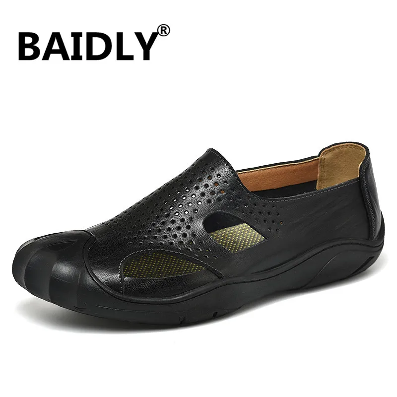 Men Outdoor Real Leather Sandals Gladiator Beach Flop Flips Slip on Flats Summer Shoes Male Footwear | Обувь