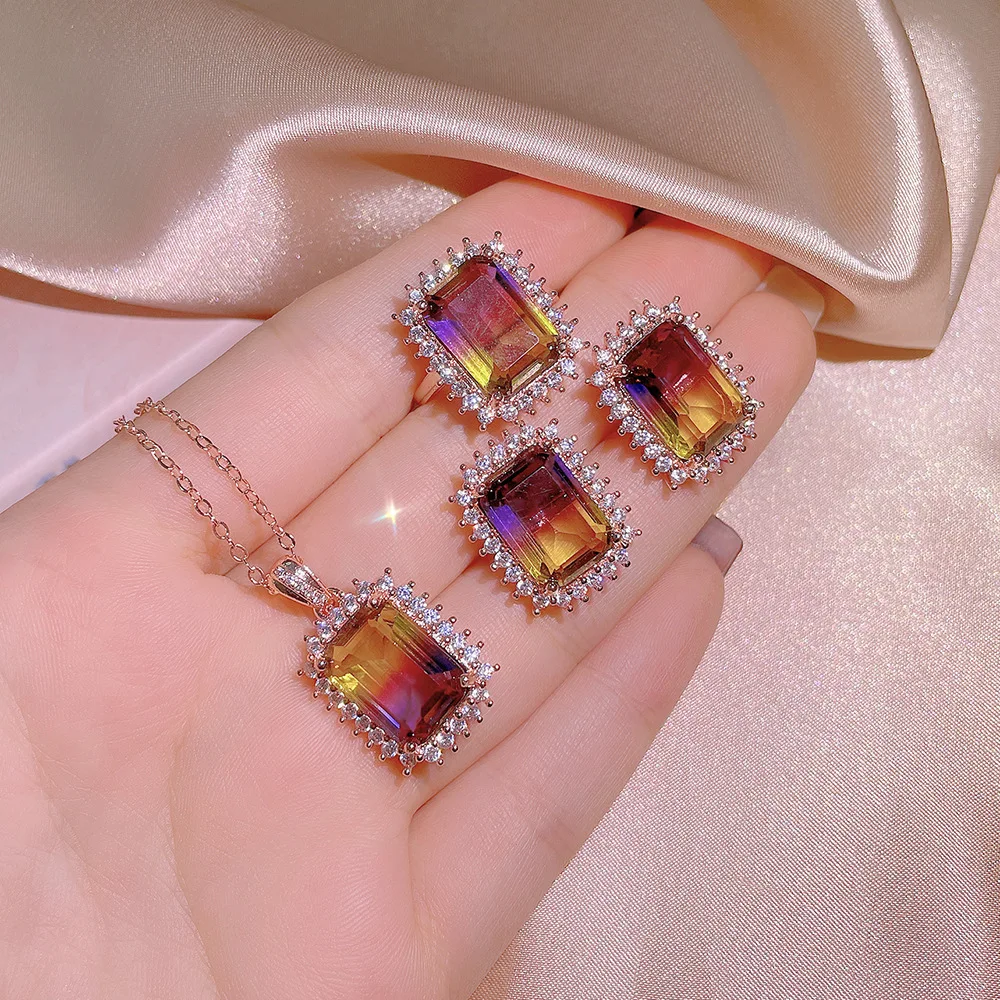 Exquisite Women's Three-piece Jewelry Red and Yellow Gradient Square AAAA Zircon Women's Earrings Necklace Adjustable Ring
Exquisite Women's Three-piece Jewelry Red and Yellow Gradient Square AAAA Zircon Women's Earrings Necklace Adjustable Ring