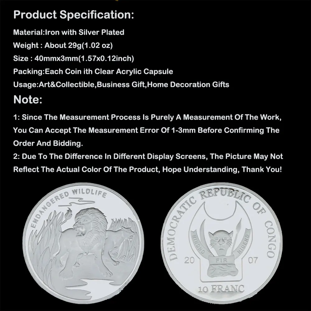 SIlver Plated Endangered Wildlife Lion African Congo Franc Animal Souvenirs Coin Medal Collectible Coins Gift
SIlver Plated Endangered Wildlife Lion African Congo Franc Animal Souvenirs Coin Medal Collectible Coins Gift