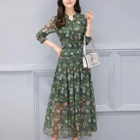 2021 New Spring clothes Long sleeves Printing Chiffon Dress Slim Bohemia Large size Women Elegant dress DC960 |