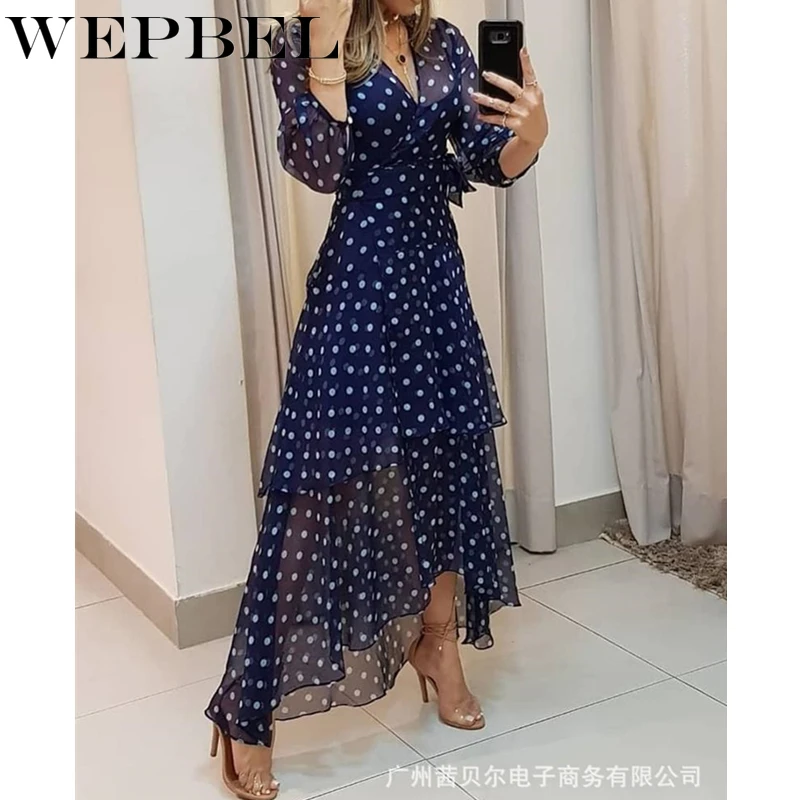 WEPBEL Women Elegant Long Sleeve Long Dress Casual Ladies V Neck Polka Dot Print Lace Up Irregular Maxi Dress
WEPBEL Women Elegant Long Sleeve Long Dress Casual Ladies V Neck Polka Dot Print Lace Up Irregular Maxi Dress
