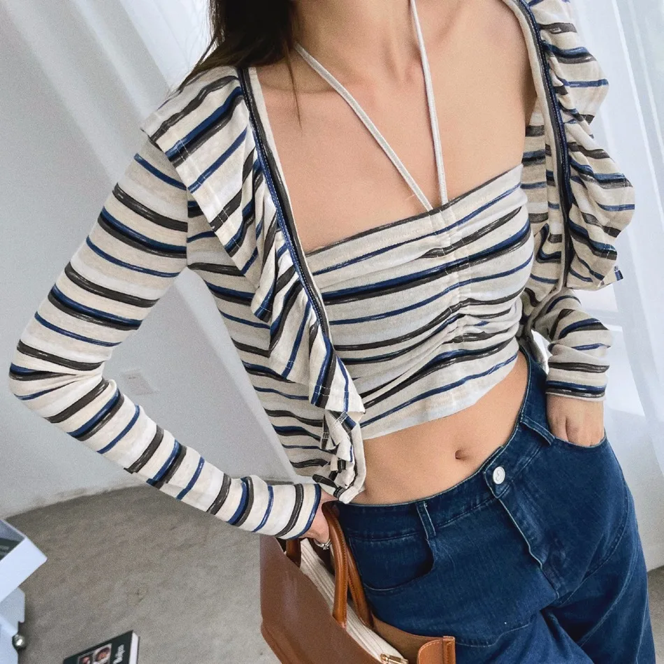 

High Waisted Two Piece Blouse women Y2k Cropped Retro Striped Halterneck Sling Long Sleeved Cardigan Korean Fashion Loose Top