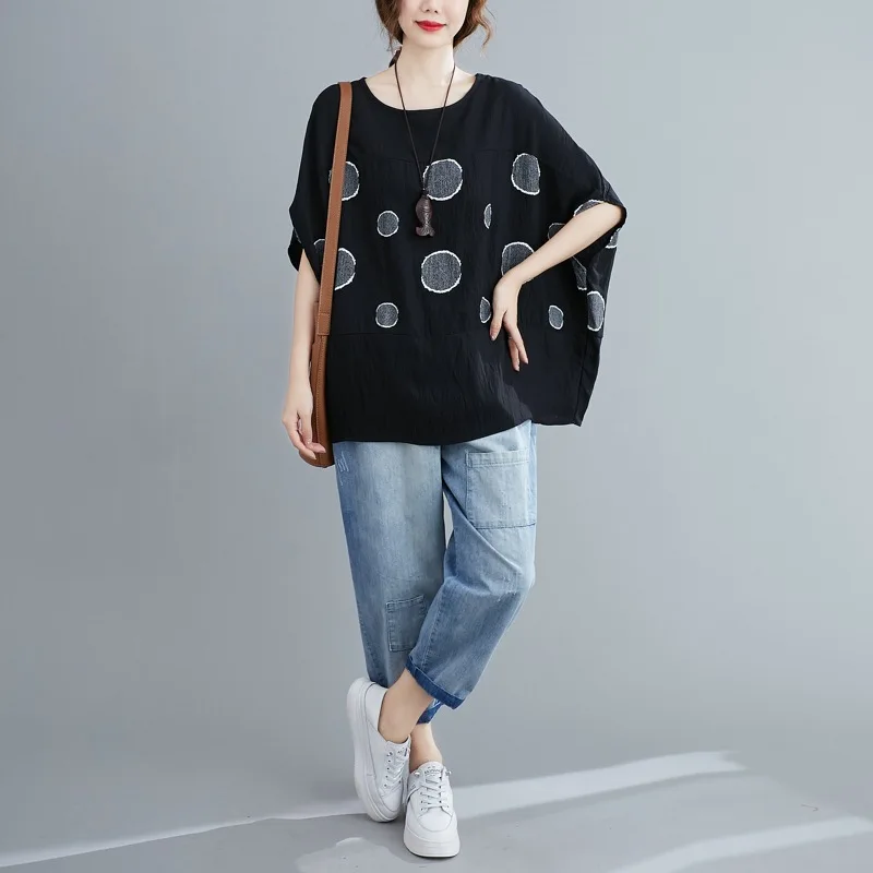 Johnature 2021 New Casual Wave Point Plus Size Women T-Shirts Summer O-neck Batwing Loose All Match Female Tops 
Johnature 2021 New Casual Wave Point Plus Size Women T-Shirts Summer O-neck Batwing Loose All Match Female Tops