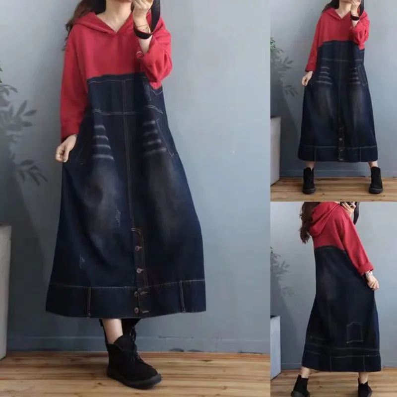 Patchwork Hooded Denim Dress Women Spring Autumn Plus Size Long Sleeve Party Cowboy Dress Oversize Baggy Pockets Vintage Dress
Patchwork Hooded Denim Dress Women Spring Autumn Plus Size Long Sleeve Party Cowboy Dress Oversize Baggy Pockets Vintage Dress