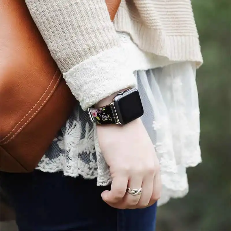 Ремешок для часов из натуральной кожи с цветочным принтом для Apple Watch 44мм 40мм 38мм 42мм для женщин и мужчин, браслет для iwatch 5 4 3 2 1.