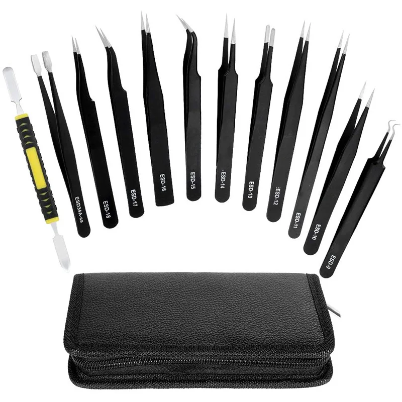 12 Pieces Tweezers Set, Anti-Static Tweezers Kit with 11 Precision Non-Magnetic Stainless Steel Tweezers,Crowbar
12 Pieces Tweezers Set, Anti-Static Tweezers Kit with 11 Precision Non-Magnetic Stainless Steel Tweezers,Crowbar