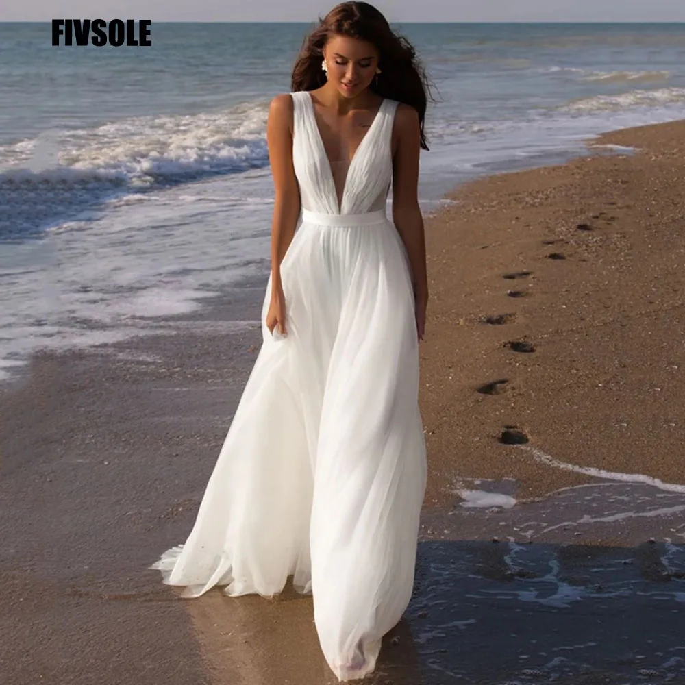 Fivsole Simple Beach Wedding Dresses White V Neck Sexy Sleeveless Bridal Gowns Vestido De Noiva Boho Wedding Gowns Custom Size
Fivsole Simple Beach Wedding Dresses White V Neck Sexy Sleeveless Bridal Gowns Vestido De Noiva Boho Wedding Gowns Custom Size