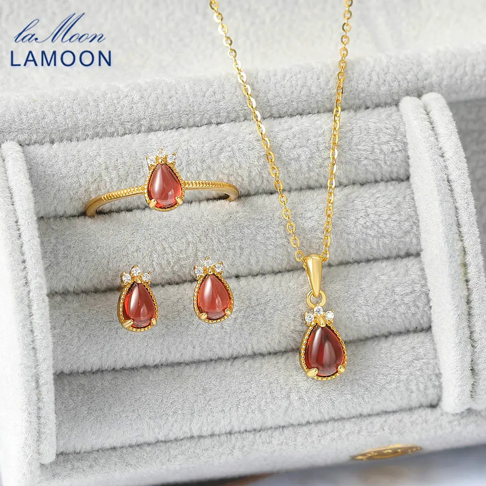 

LAMOON 925 Silver Gemstone Jewelry Set For Women Natural Waterdrop Garnet 14K Gold Plated Jewelry Lovely Goldfish korean V080