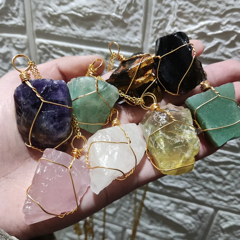 Natural Raw Stone Pendant Handmade Wire Wrapped Healing Crystal Gemstone Irregular Shape Fluorite Gold Alloy Chain Couples Gift
Natural Raw Stone Pendant Handmade Wire Wrapped Healing Crystal Gemstone Irregular Shape Fluorite Gold Alloy Chain Couples Gift