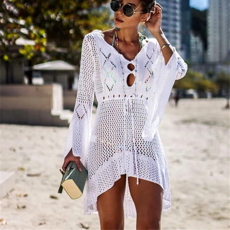 Womens White Crochet Bikini Swimsuit Cover Up Hollow Out V Neck Long Flare Sleeve Tunic Beach Dress Sexy Knitted Beach Coverups
Womens White Crochet Bikini Swimsuit Cover Up Hollow Out V Neck Long Flare Sleeve Tunic Beach Dress Sexy Knitted Beach Coverups