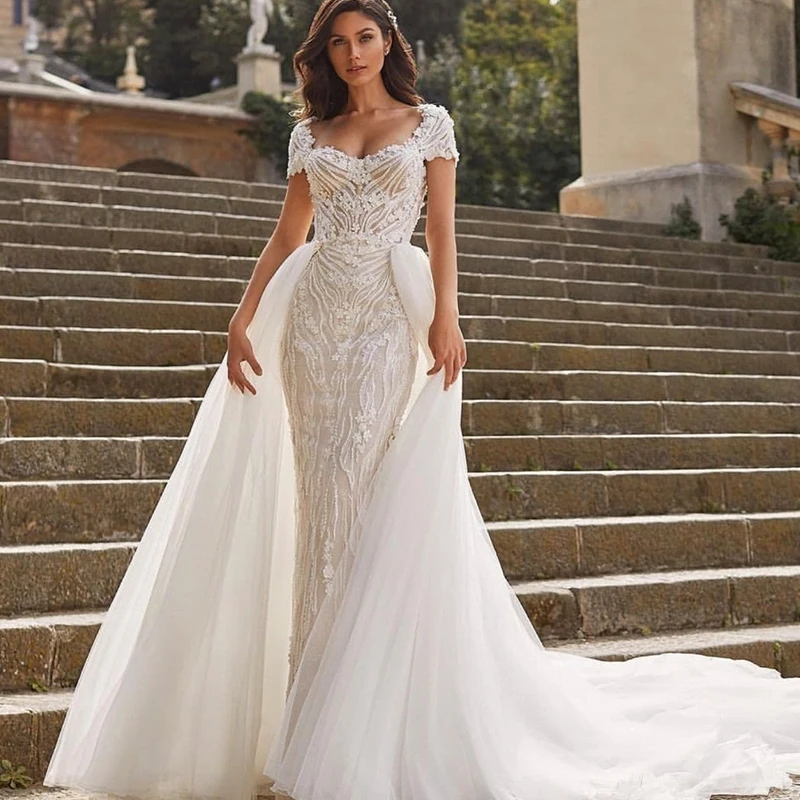Luxury Mermaid Wedding Dresses Short Sleeves V Neck Removable Train 2 In 1robe De Mariée Lace Applique Sweetheart Gowns Tailor-m
Luxury Mermaid Wedding Dresses Short Sleeves V Neck Removable Train 2 In 1robe De Mariée Lace Applique Sweetheart Gowns Tailor-m