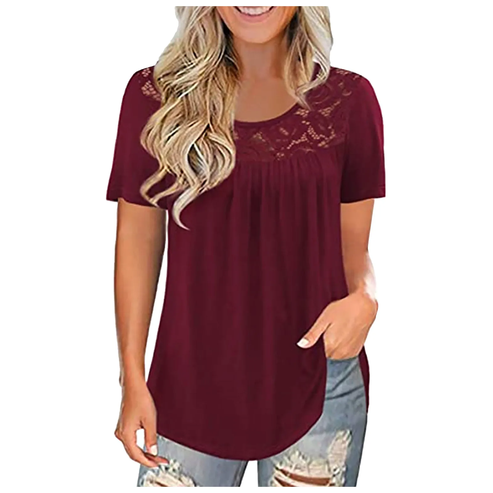 40# Lace Splicing Blouse Women O Neck Short Sleeve Summer Vintage Solid Color Women Clothing Elegant Top Femme Blusas Y Camisas
40# Lace Splicing Blouse Women O Neck Short Sleeve Summer Vintage Solid Color Women Clothing Elegant Top Femme Blusas Y Camisas
