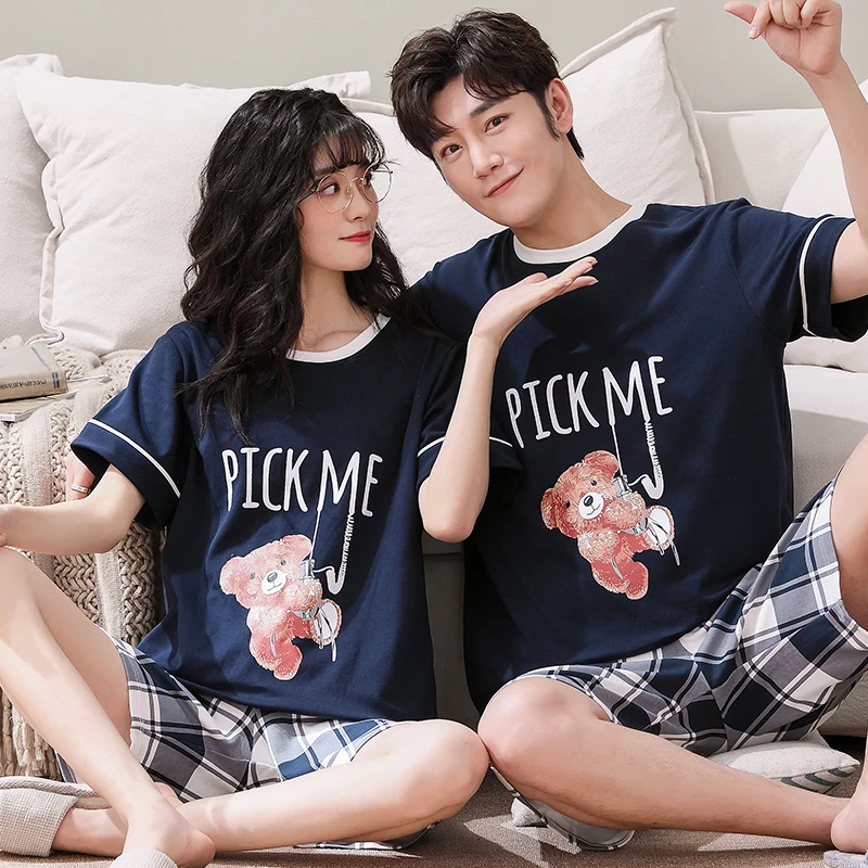 Homewear Bear Cartoon Couple Matching Kawaii Cotton Women Nightwear Suit With Plaid Shorts Summer Men Casual Short Sleeve Tops
Homewear Bear Cartoon Couple Matching Kawaii Cotton Women Nightwear Suit With Plaid Shorts Summer Men Casual Short Sleeve Tops