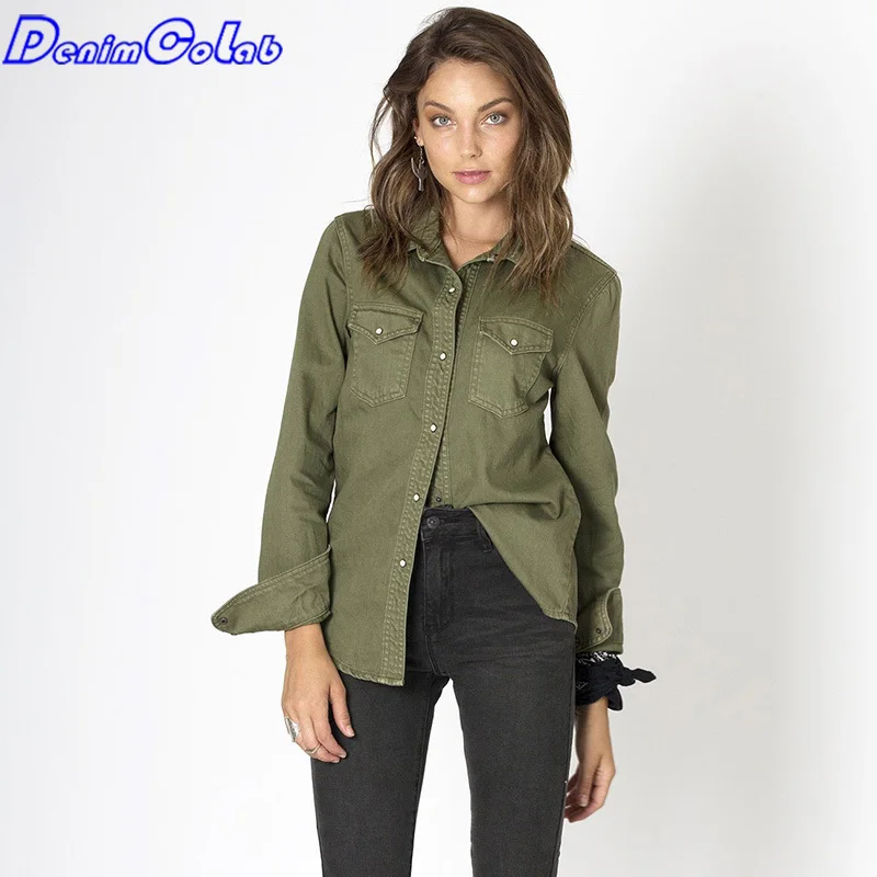 Denimcolab Fashion Lapel Army Green Denim Female Blouse Casual Full Sleeve Single Breasted Women Shirt Spring Summer Shirts 
Denimcolab Fashion Lapel Army Green Denim Female Blouse Casual Full Sleeve Single Breasted Women Shirt Spring Summer Shirts
