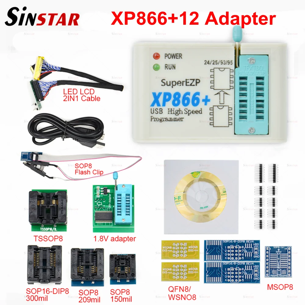 USB-программатор Sinstar XP866 + 12 адаптеров Поддержка 24 25 93 95 EEPROM Flash Bios Minipro быстрая