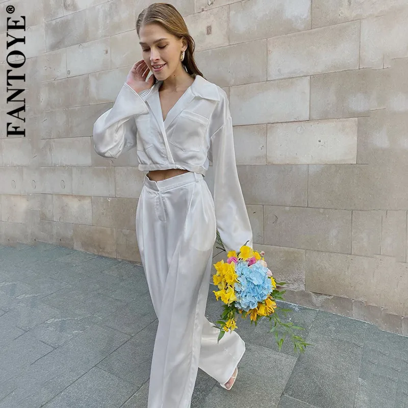 Fantoye Fashion Turn-down Collar Pocket Women Two Piece Sets White Long Sleeve Lace Up Sets Ladies Autumn Loose Streetwear 2021
Fantoye Fashion Turn-down Collar Pocket Women Two Piece Sets White Long Sleeve Lace Up Sets Ladies Autumn Loose Streetwear 2021