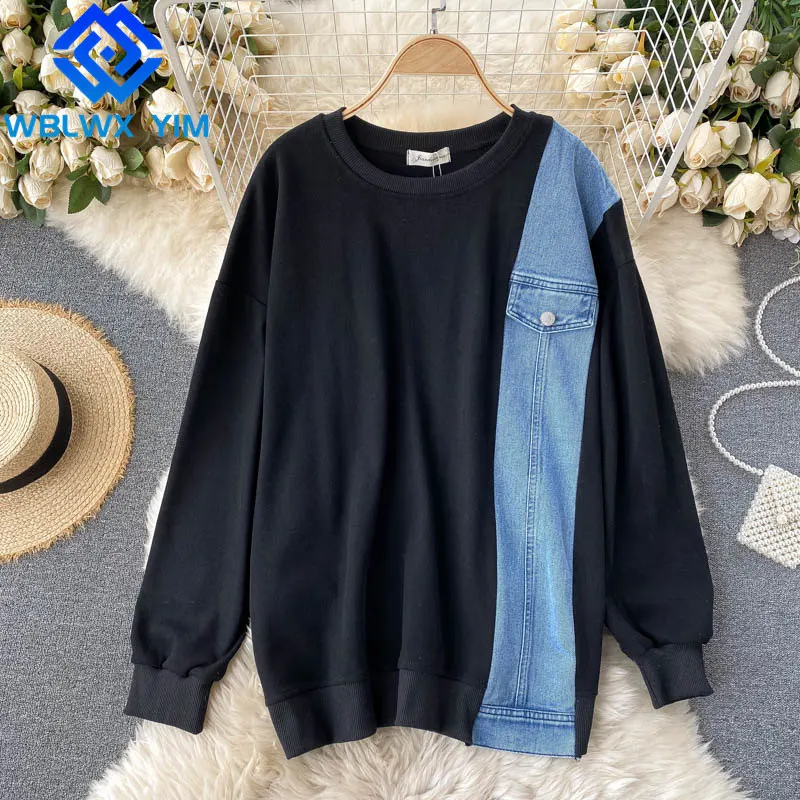 Denim Spliced Sweatshirt Women Fashion Patchwork Hoodies Long Sleeve O-Neck Oversize Pullovers Female High Quality Sweatshirts
Denim Spliced Sweatshirt Women Fashion Patchwork Hoodies Long Sleeve O-Neck Oversize Pullovers Female High Quality Sweatshirts