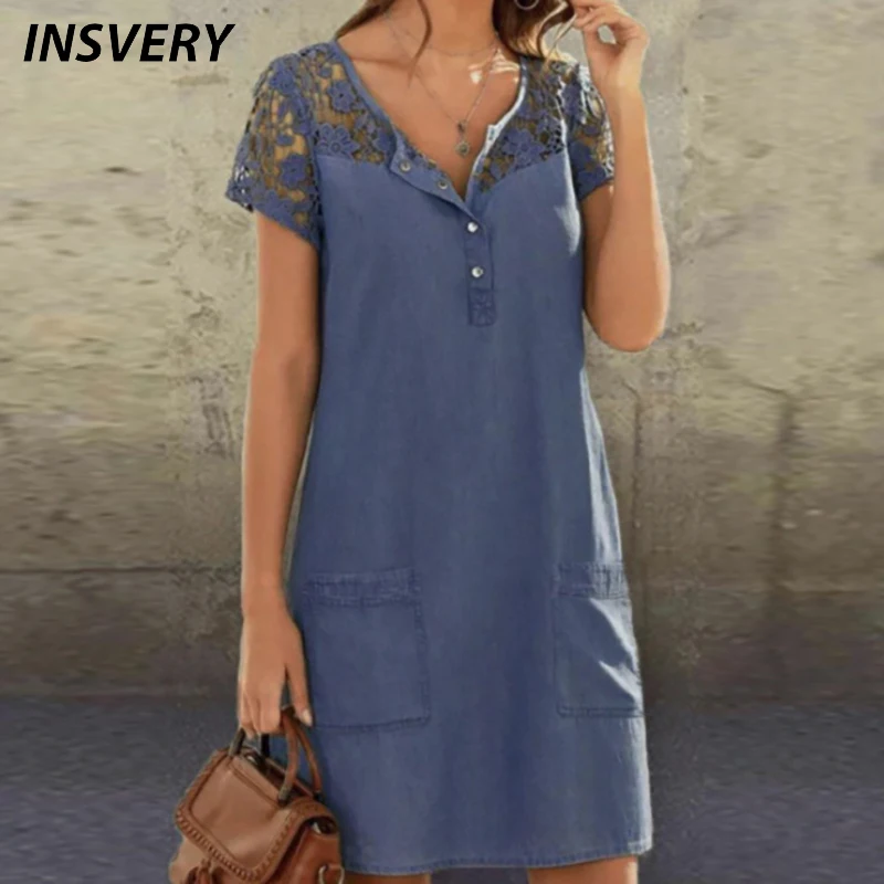 2021 Summer Women's Dresses Short Sleeve Lace Patchwork Button Denim Dress Women Elegant Party Dress Ladies With Pockets
2021 Summer Women's Dresses Short Sleeve Lace Patchwork Button Denim Dress Women Elegant Party Dress Ladies With Pockets