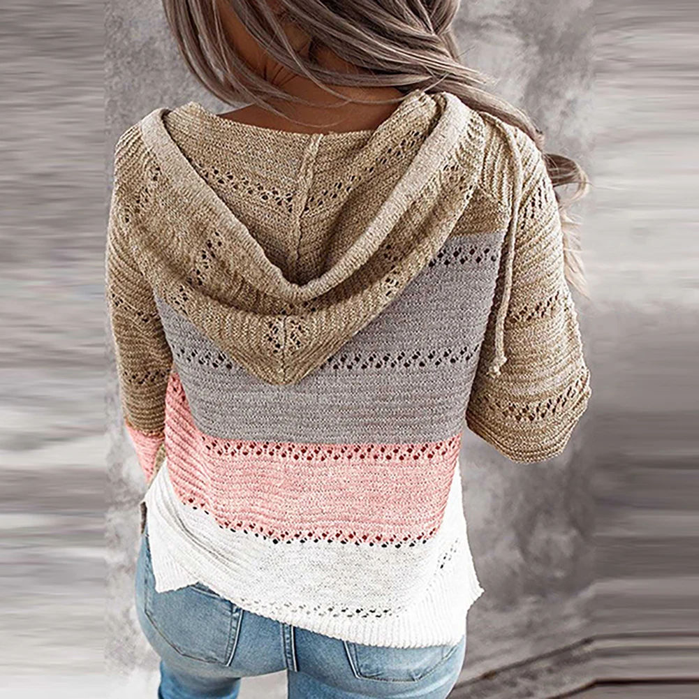 2021 new Autumn Ladies sweatere Women Long Sleeve Striped sweater Color Block Hollow Out Knitted Hooded Sweater Coat
2021 new Autumn Ladies sweatere Women Long Sleeve Striped sweater Color Block Hollow Out Knitted Hooded Sweater Coat