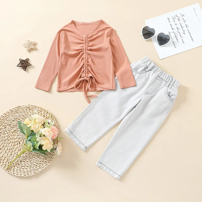 Girl’s T-shirt and Trousers Suit Fashion Solid Color Drawstring Long Sleeve Tops and Denim Pants 1-6 Years Children's Clothing
Girl’s T-shirt and Trousers Suit Fashion Solid Color Drawstring Long Sleeve Tops and Denim Pants 1-6 Years Children's Clothing