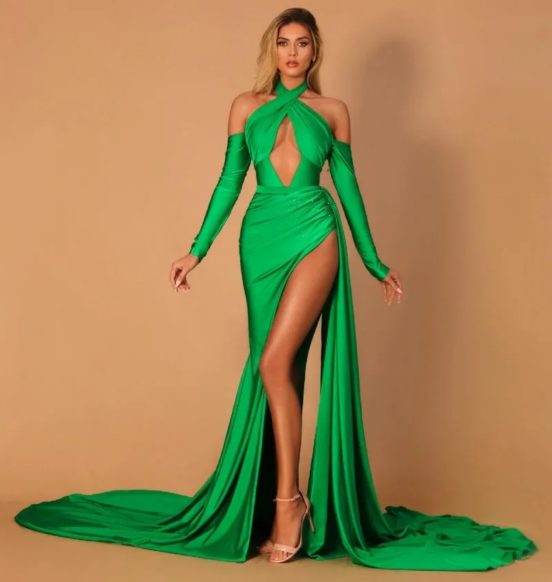 Sexy Keyhole Neck Green Evening Dresses Satin Split Mermaid Prom Gowns Long Sleeves Women Party Wear Sweep Train
Sexy Keyhole Neck Green Evening Dresses Satin Split Mermaid Prom Gowns Long Sleeves Women Party Wear Sweep Train