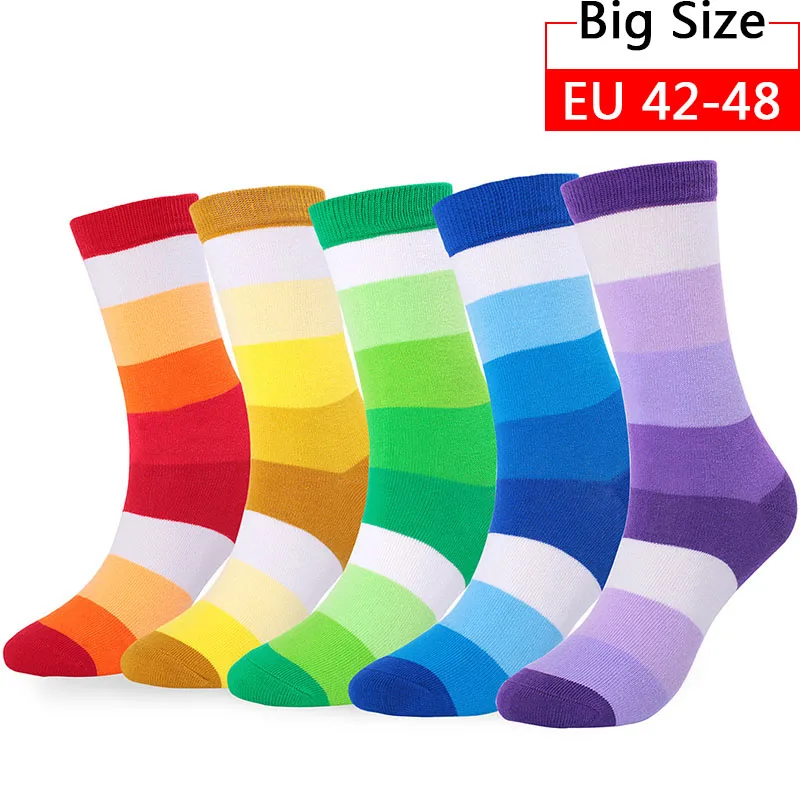 

5 Pairs/Lot Size 42-48 Casual Fashion Cotton Funny Long Men Socks Contrast Color Rainbow Larger Extra Size Stripe Socks for Men