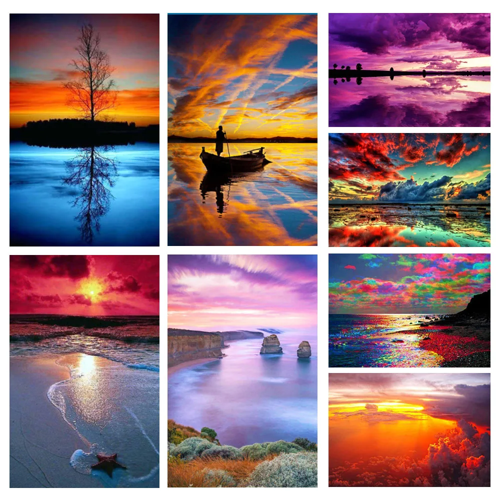 

DOHAWIZS Diamond Embroidery Sunset Picture Full Square Drill Diamond Painting Seaside Scenery Mosaic Handmade Crafts Wall Decor