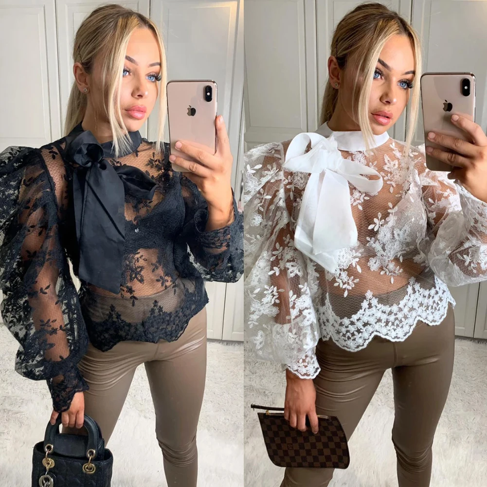 Women's Long Puff Sleeve Shirt High Collar Solid Color Embroidery See Through Lace Hem Blouse with Bow Tie Spring And Autumn
Women's Long Puff Sleeve Shirt High Collar Solid Color Embroidery See Through Lace Hem Blouse with Bow Tie Spring And Autumn