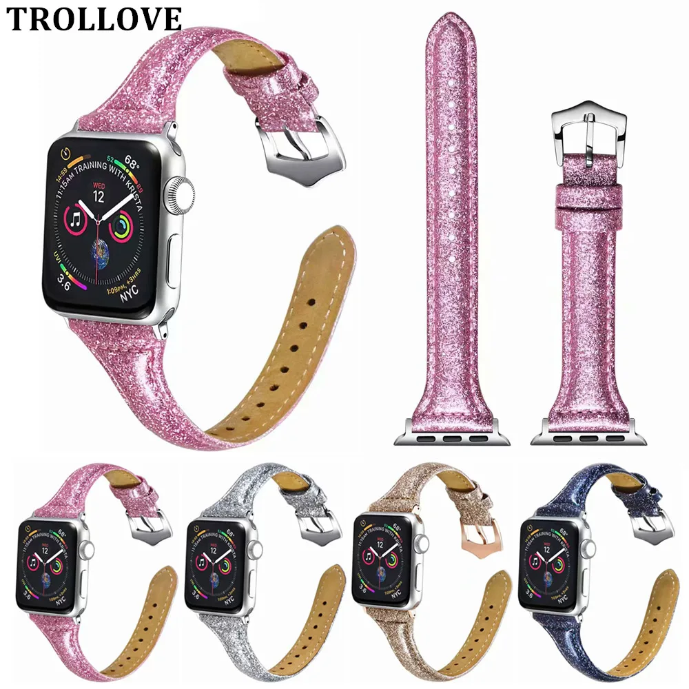 Ремешок для Apple Watch Band 42 мм 38 5 4 3 2 1 Sport iwatch 44 40 Блестящий кожаный тонкий ремешок