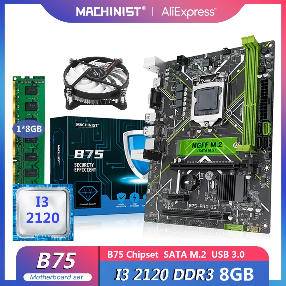 

MACHINIST B75 Motherboard Kit LGA 1155 Set With Intel I3 2120 CPU Processor DDR3 8GB(1*8G) RAM Memory SATA NGFF M.2 PRO-U5