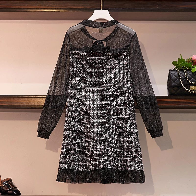 4XL large size women fat sister Autumn waist dress tweed stitching | Женская одежда