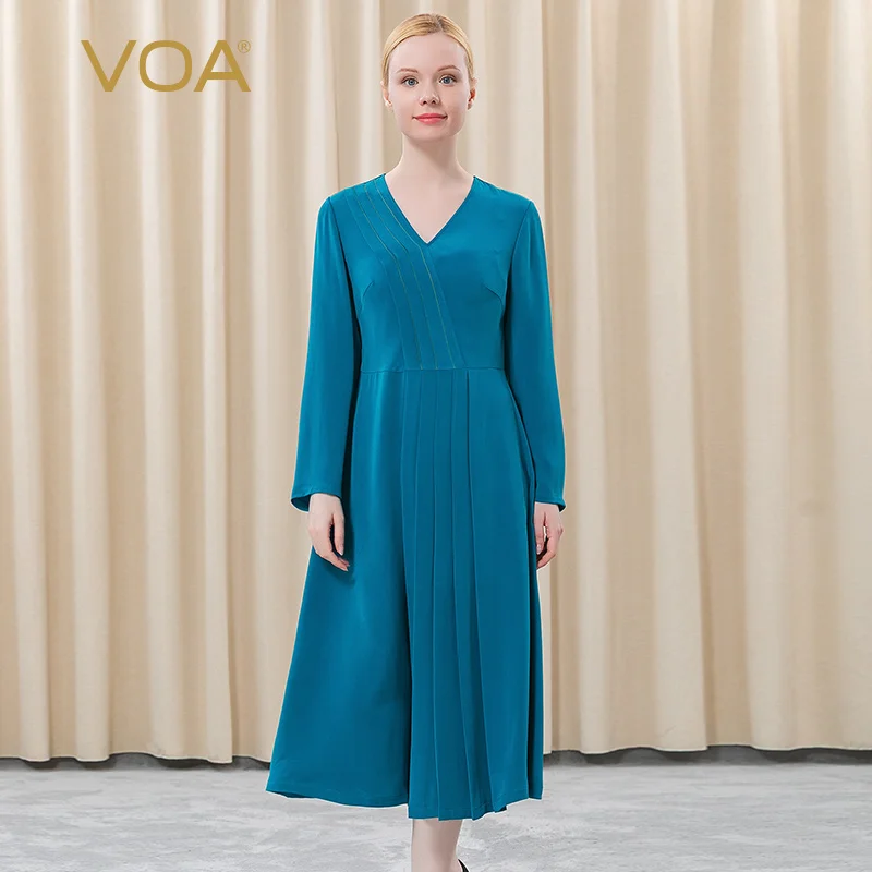 VOA 30m/m Heavy Silk Blue V Collar Long Sleeve Asymmetrical Fold Waist Large Swing Long Sleeve AE517 Maxi Dresses for Women
VOA 30m/m Heavy Silk Blue V Collar Long Sleeve Asymmetrical Fold Waist Large Swing Long Sleeve AE517 Maxi Dresses for Women