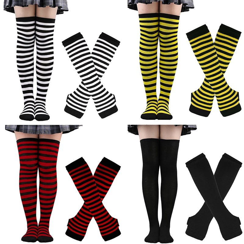 

Womens Stripes Over Knee Thigh High Socks Arm Warmer Fingerless Gloves Set Fancy Dress Cosplay Masquerade Party Costume