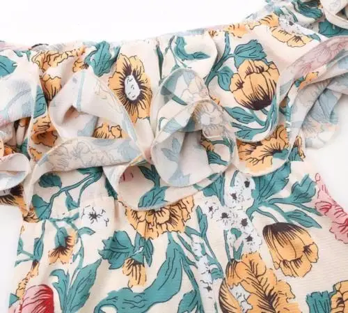Летний Boho Женский цветочный принт с открытыми плечами оборками Облегающий