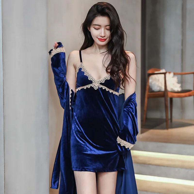 Autumn Velour Robe Set Women Lace Trim 2PCS Sleepwear Sexy V-neck Nighty&Robe Set Femme Bathrobe Gown Casual Home Clothing
Autumn Velour Robe Set Women Lace Trim 2PCS Sleepwear Sexy V-neck Nighty&Robe Set Femme Bathrobe Gown Casual Home Clothing