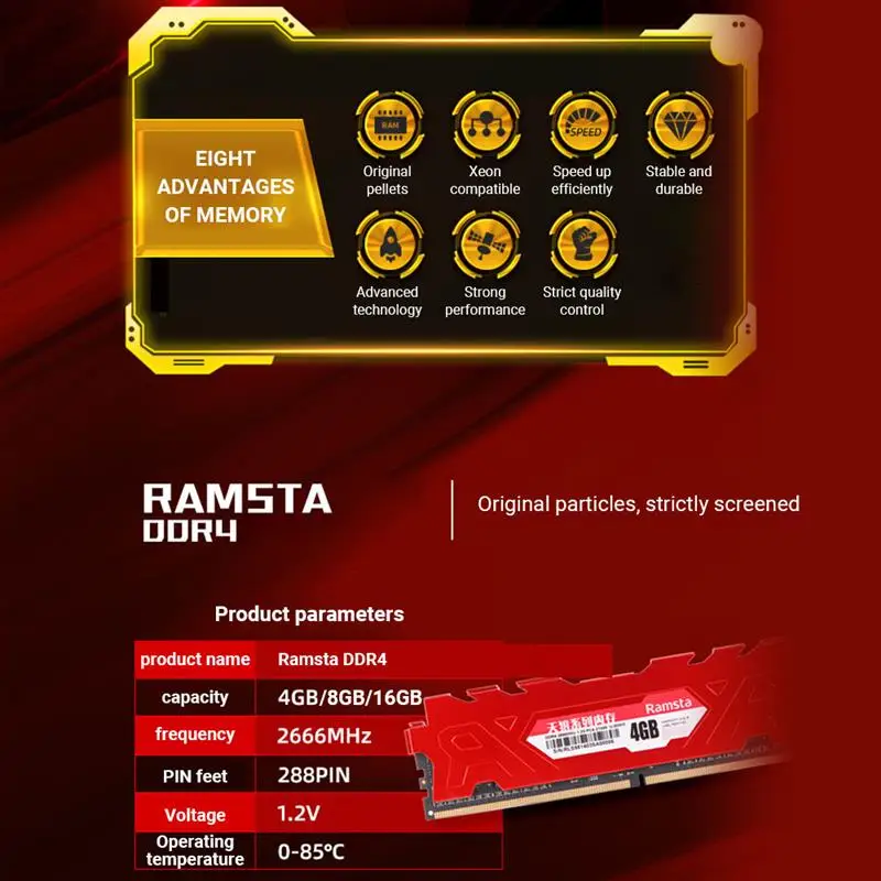 Ramsta Memoria Ram DDR4 4/8/16GB Metal High Performance IC Chip Desktop Memory 2666MHz Red Desktop Memory Module Ram for minning
Ramsta Memoria Ram DDR4 4/8/16GB Metal High Performance IC Chip Desktop Memory 2666MHz Red Desktop Memory Module Ram for minning