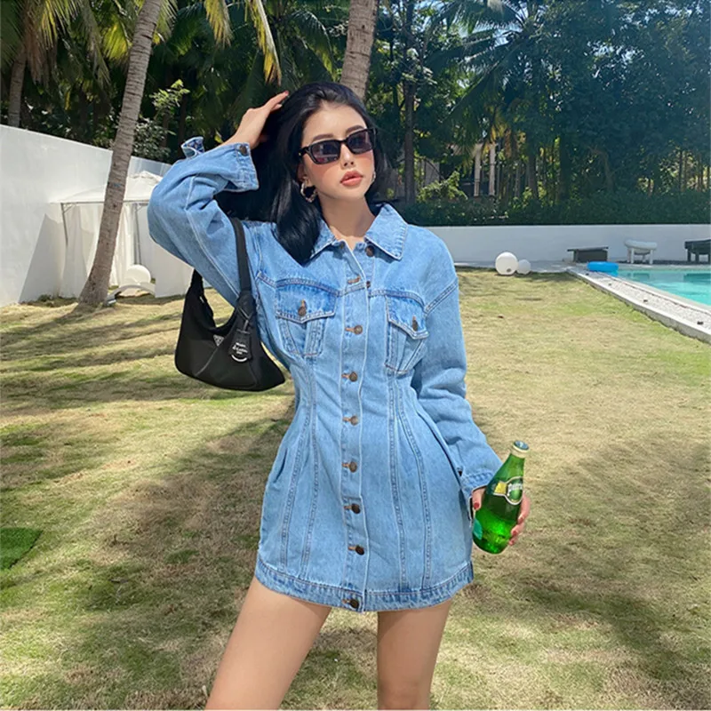 Vintage Denim Dress For Women Fall Single Breasted Long Sleeve Mini Dresses Winter Turn Down Collar Vestidos Female Coat DR024 
Vintage Denim Dress For Women Fall Single Breasted Long Sleeve Mini Dresses Winter Turn Down Collar Vestidos Female Coat DR024