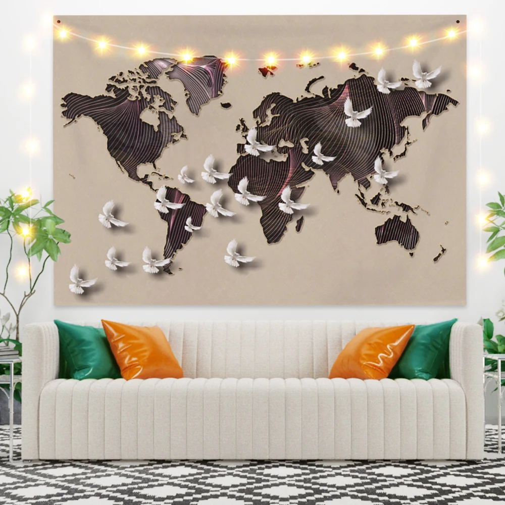 

Brown World Map Champagne Tapestry Vintage Exotic Summer Plant Nature Frame for Bedroom Photography Wall Decor