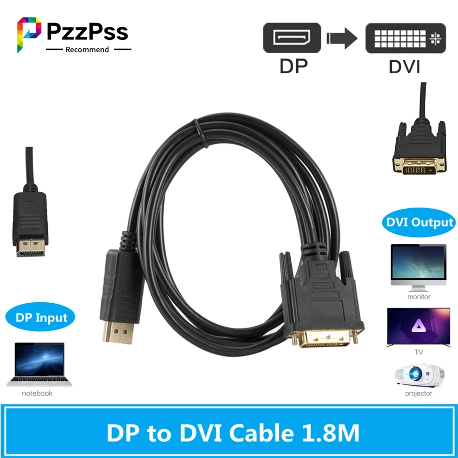PzzPss DisplayPort DP-DVI Кабель 1 8 м штекер-штекер dvi Соединительный адаптер 1080P 3D для HDTV ПК