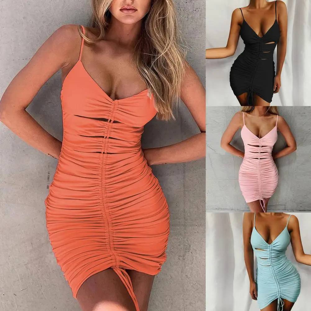 Summer Sexy Women Dress V Neck Backless Above Knee Solid Ruched Hollow Out Drawstring Bodycon Spaghetti Straps Mini Dresses 
Summer Sexy Women Dress V Neck Backless Above Knee Solid Ruched Hollow Out Drawstring Bodycon Spaghetti Straps Mini Dresses